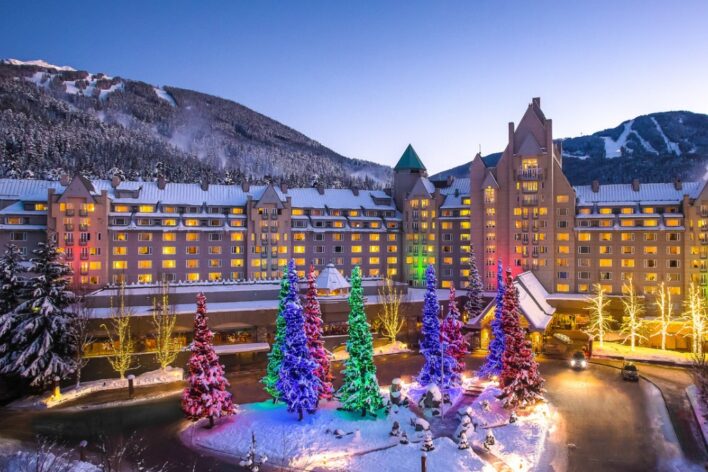 Holiday lights and snow wrap themselves around the Chateau in Whistler