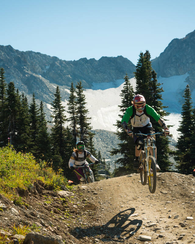 Two mountain bikers at the bike parks in Whistler, Credit: Tourism Whistler/Mike Crane