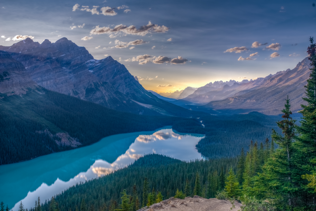 View of Peyto Lake right before sunset, Jasper National Park, Canadian Rockies, Alberta Unesco