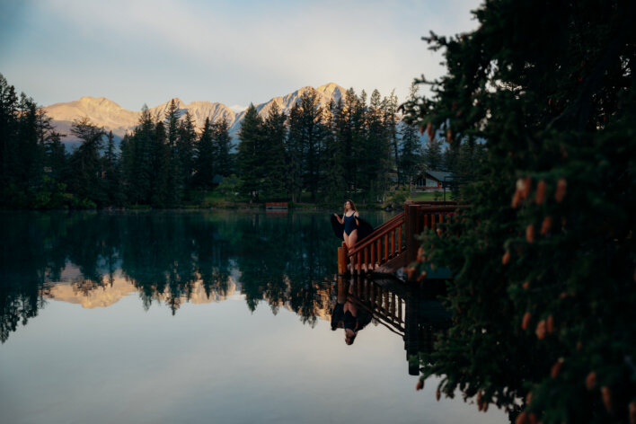 Woman ready to dip into Lac Bauvert at Fairmont Jasper Park Lodge