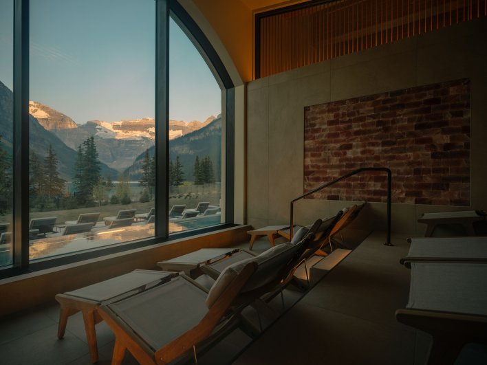 Lounge chairs in the Salt Relaxation Room at BASIN Glacial Waters