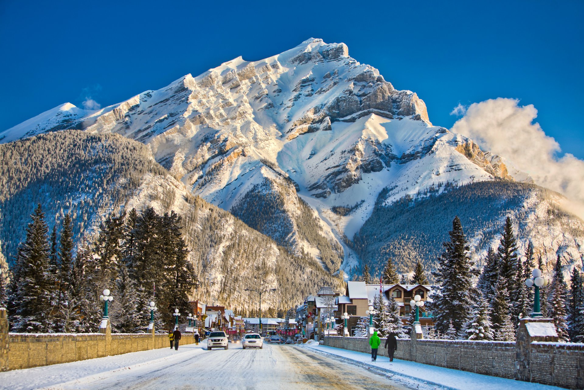 Downtown Banff with views of Cascade Mountain in the middle of winter