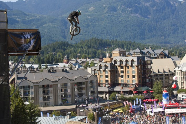 Graham Agassiz competes in the Crankworx Joyride Mountain Bike Event held at the Whistler Mountain Bike Park in Whistler, British Columbia, Canada.