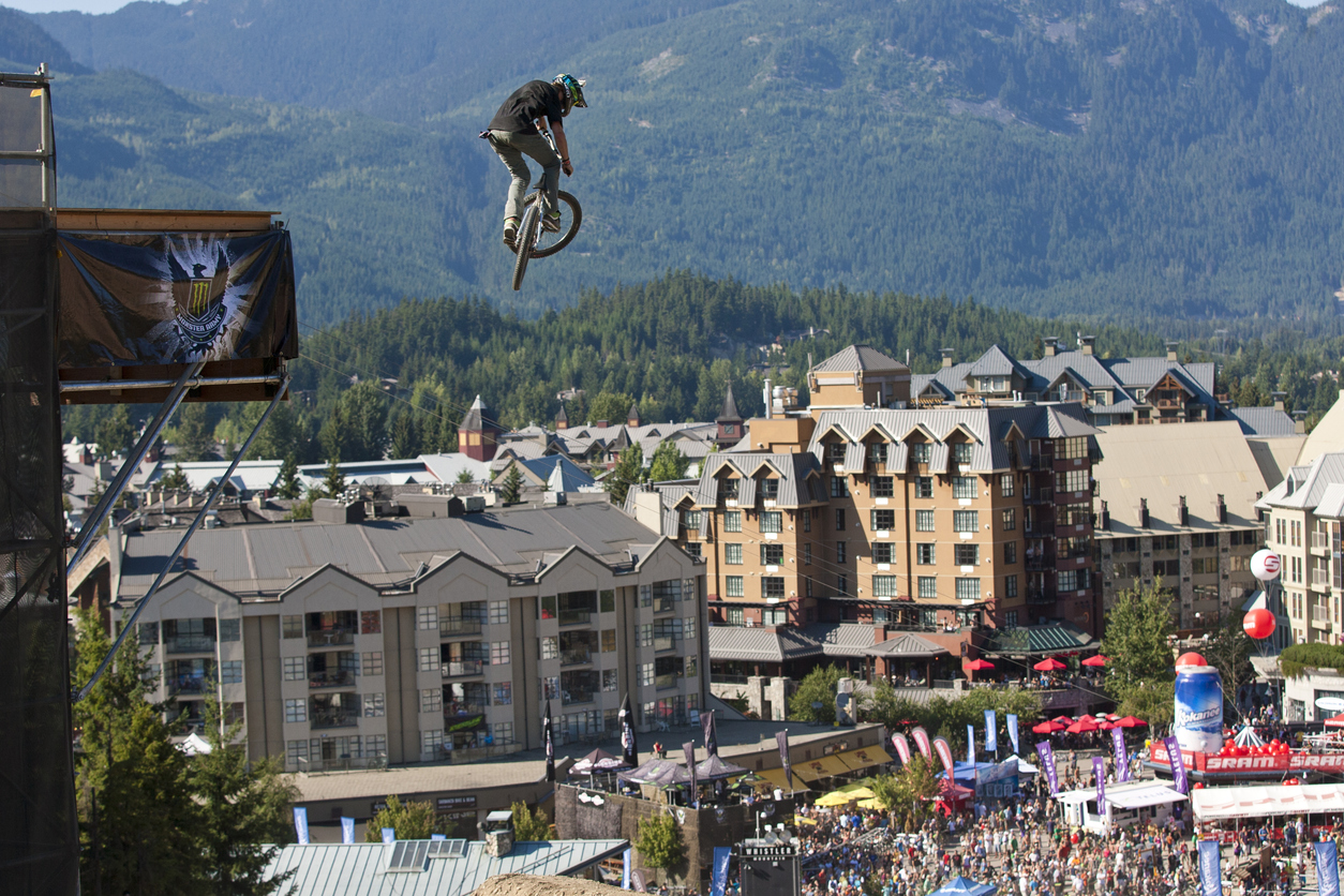 Graham Agassiz competes in the Crankworx Joyride Mountain Bike Event held at the Whistler Mountain Bike Park in Whistler, British Columbia, Canada.