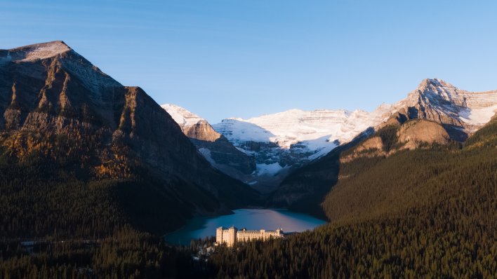 Aerial view of Fairmont Chateau Lake Louise in fall.