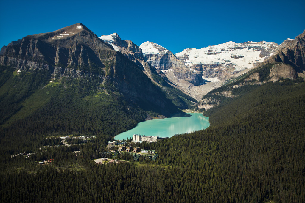 Fairmont Chateau Lake Louise at the base of Lake Louise