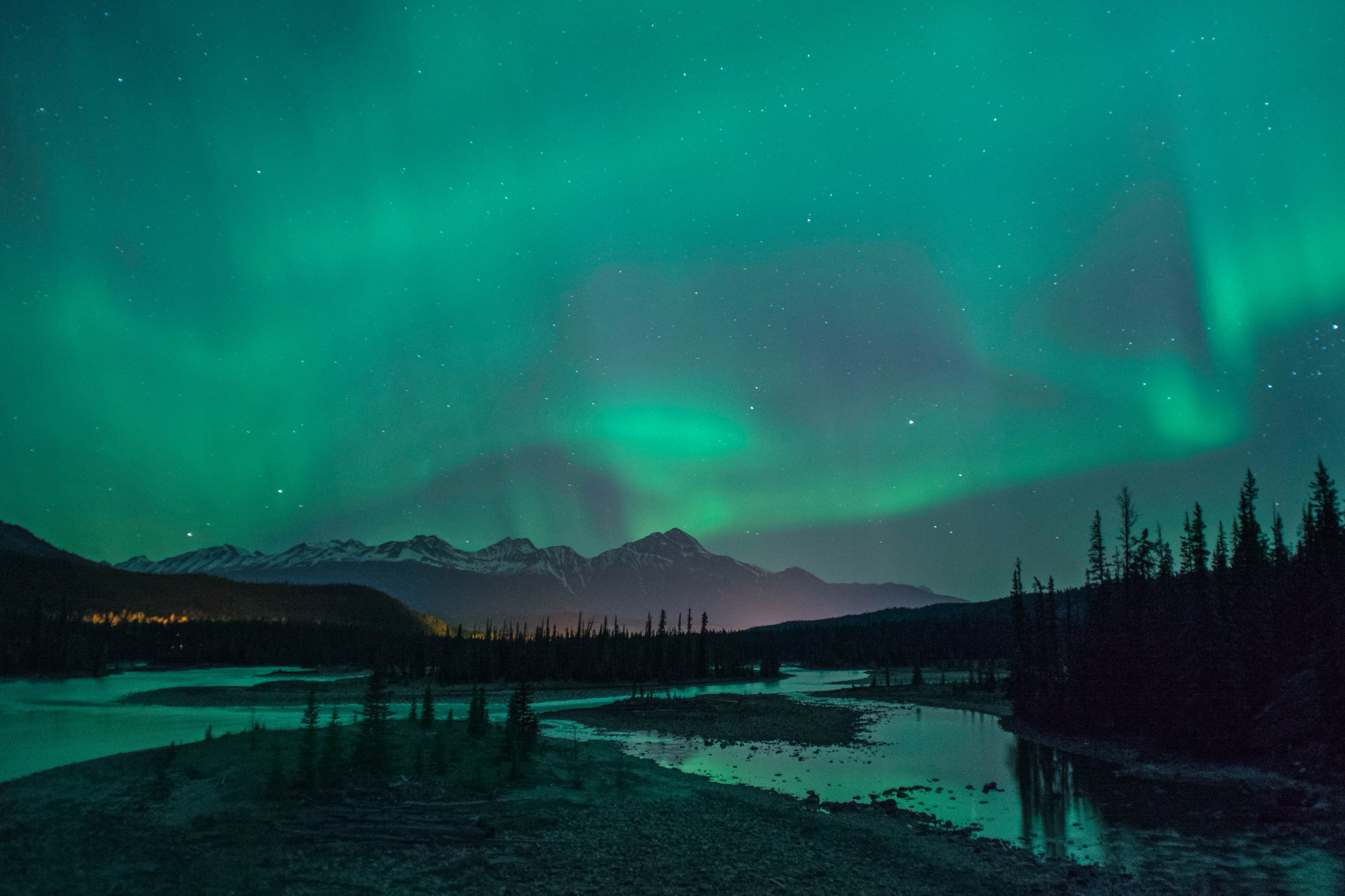 Northern Lights in Jasper National Park across the Saskatchewan River