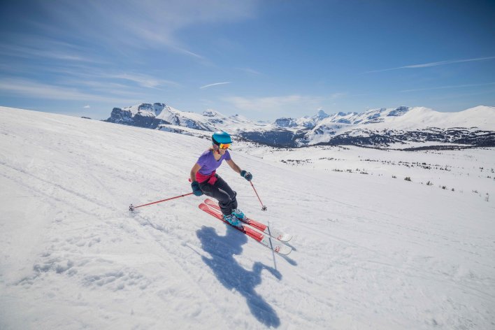 Women skier at Sunshine Village spring skiing in Banff National Park