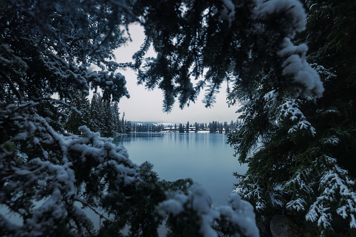 Snow-covered evergreen trees framing Lac Beauvert at Fairmont Jasper Park Lodge