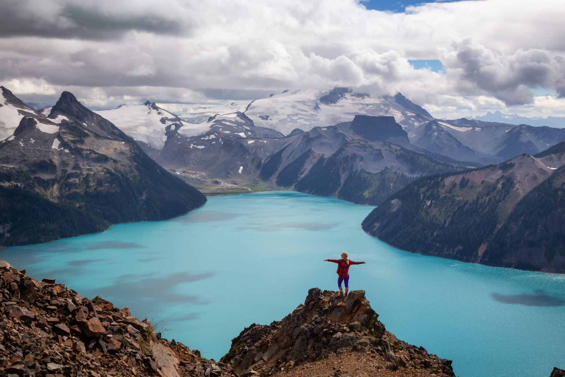 Person standing on a mountain top above a glacier-fed lake in Whistler, Canada.