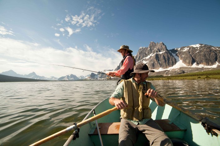 Two Men in a Fishing Boat in Jasper National Park Tonquin Valley